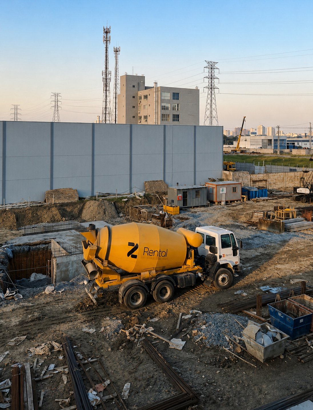 Caminhão betoneira Z Rental em canteiro de obras